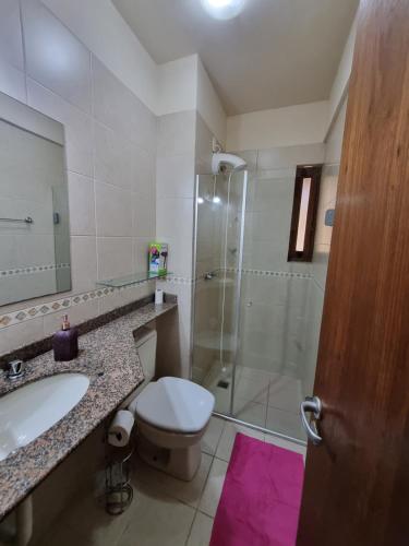 格拉馬杜的住宿－Flat Jardim Primavera，浴室配有卫生间、盥洗盆和淋浴。