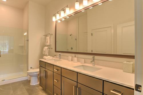 a bathroom with a sink and a toilet and a mirror at 55 South Market Condo 201 in Asheville