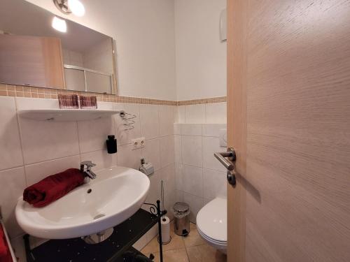 een badkamer met een wastafel en een toilet bij Landhaus Tirol in Hopfgarten im Brixental