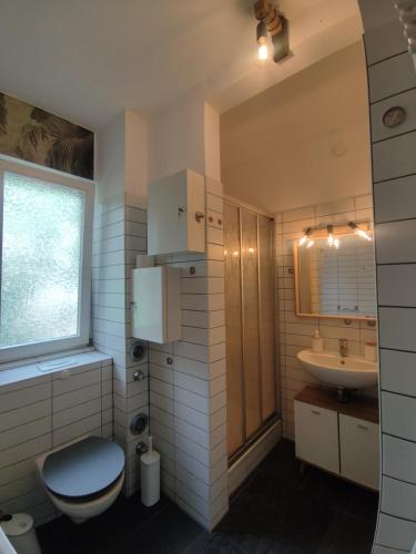a bathroom with a toilet and a sink at Calma Apartment in Weimar
