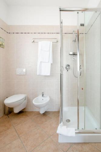 a bathroom with a shower and a toilet and a sink at Agriturismo Ai Carpini in Marcon