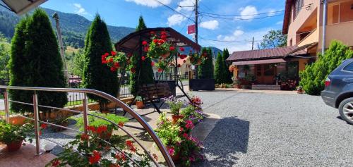 a building with a bunch of flowers in front of it at Pensiunea Apuseni in Vidra