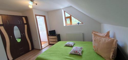 a bedroom with a green bed with two pillows on it at Pensiunea Apuseni in Vidra