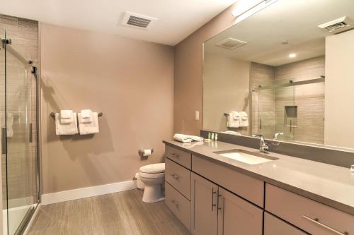 ein Badezimmer mit Toilette, Waschbecken und Spiegel in der Unterkunft 45 Asheland Avenue Unit 306 in Asheville