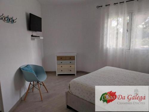 ein Schlafzimmer mit einem Bett, einem TV und einem Stuhl in der Unterkunft Chao da GALEGA 