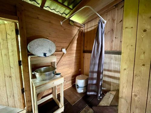 uma casa de banho com um lavatório numa cabina de madeira em Laivu māja uz Alūksnes ezera/ Boat house on a Lake em Alūksne