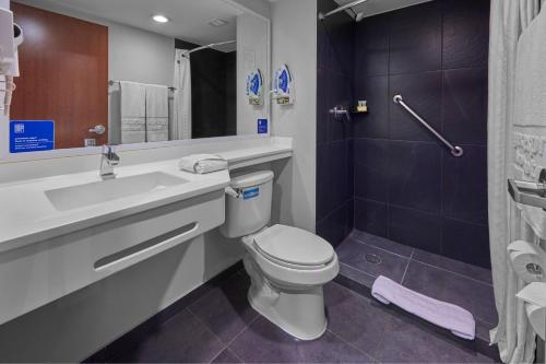 ein Bad mit einem WC, einem Waschbecken und einer Dusche in der Unterkunft City Express by Marriott CDMX Plaza Central in Mexiko-Stadt