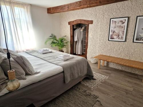 a bedroom with a large bed and a mirror at Maison Marcks Champagne in Ay