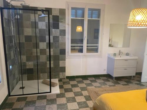 une salle de bain avec une douche en verre et un lavabo dans l'établissement Villa de charme ESMEE - Plein centre, à Cavalaire-sur-Mer