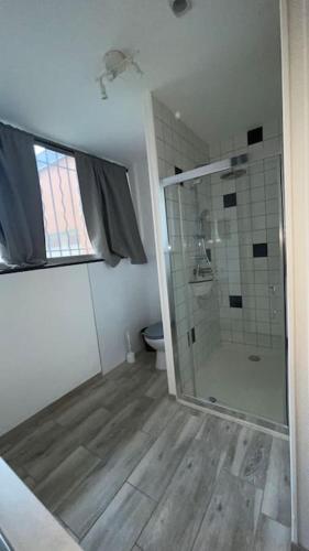 uma casa de banho com um chuveiro e uma cabina de duche em vidro. em Logement 2 personnes. em Vitry-le-François