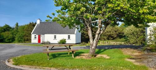 una mesa de picnic frente a una casa blanca en Louisburgh Cottages, en Louisburgh