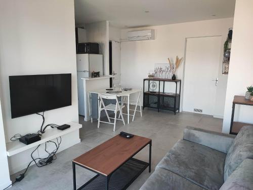 un salon avec un canapé et une table dans l'établissement T2 vue mer, à Six-Fours-les-Plages