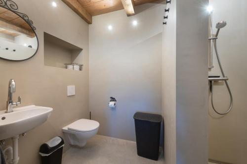 a bathroom with a white toilet and a sink at Landelijke boerderijkamer, dichtbij Kinderdijk in Oud-Alblas