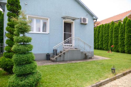 une maison bleue avec un escalier dans une cour dans l'établissement Arsic-Home, à Sokobanja