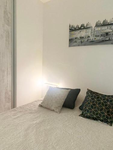 1 cama con 2 almohadas y una pintura en la pared en Maison plain-pied avec accès PMR, en Warcq