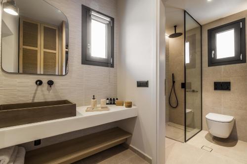 ein Bad mit einem Waschbecken, einem WC und einer Dusche in der Unterkunft Topos Suites in Lassi