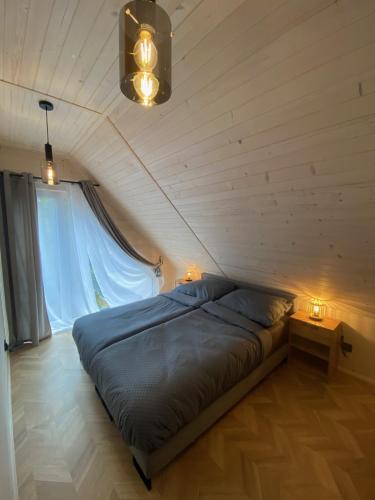 sypialnia z łóżkiem w pokoju z oknem w obiekcie Domki AS w mieście Radawa