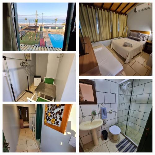 a collage of photos of a hotel room with a pool at Casarão da Praia - Itaipuaçu, Jardim Atlântico, Maricá in Itaipuaçu