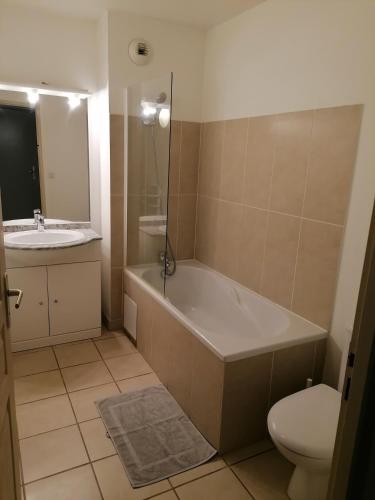 une salle de bain avec une baignoire, des toilettes et un lavabo dans l'établissement Cocon de douceur à 10 min de la plage, à Alénya