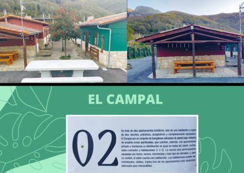 a collage of two pictures of a bench and a pavilion at Apartamentos El Campal in Felechosa