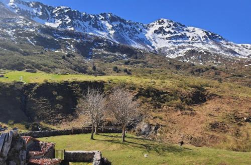 a mountain with snow capped mountains on a green field at Apartamentos El Campal in Felechosa