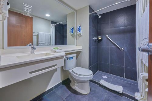 提瓦坎的住宿－特瓦坎都市快捷酒店，浴室配有卫生间、盥洗盆和淋浴。