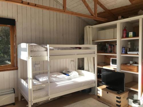 a room with two bunk beds and a television at Quirky cosy rural hideaway in Swindon