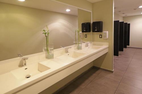 uma casa de banho com 2 lavatórios e um espelho grande em City Express Suites by Marriott Santa Fe em Cidade do México