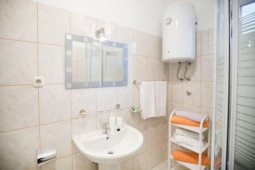 ein Bad mit einem Waschbecken und einem Spiegel in der Unterkunft House Stjepan in Krušvar