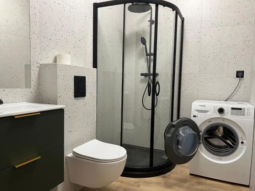łazienka z toaletą i pralką w obiekcie Aquarius Kilińskiego 3 w mieście Grodzisk Mazowiecki