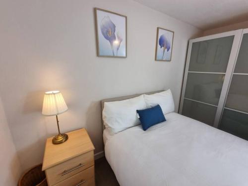 a small bedroom with a bed and a lamp on a night stand at Cozy 2 bed Flat in Southwark, Near Canary Wharf in London