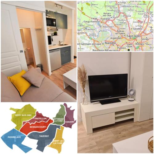 a collage of photos of a living room with a television and a living room at Appartement au coeur de la ville de Taverny in Taverny
