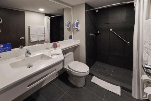 uma casa de banho com um WC, um lavatório e um chuveiro em City Express by Marriott Tlalnepantla em Cidade do México