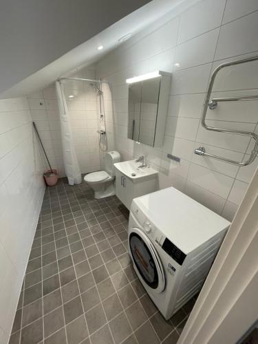 a bathroom with a washing machine and a toilet at Home Inn HVG54 in Stockholm