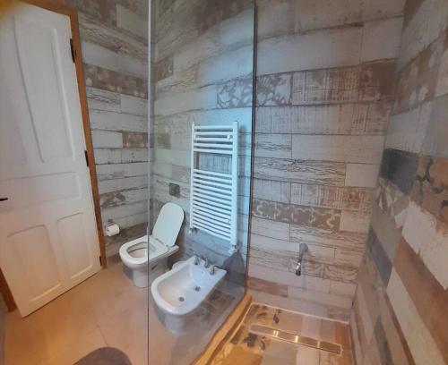 La salle de bains est pourvue de toilettes et d'une douche en verre. dans l'établissement Espacio en Tres Arroyos, à Tres Arroyos