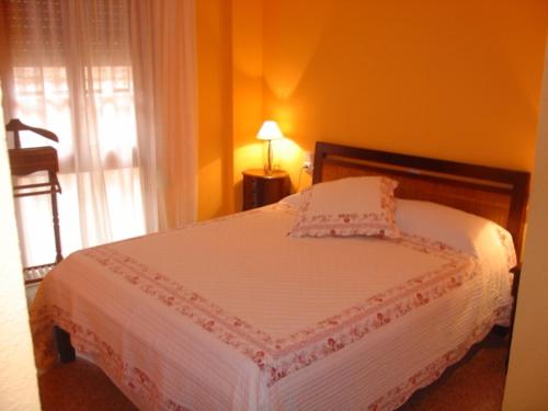 1 dormitorio con 1 cama con manta blanca y ventana en Hostal Restaurante Arasa, en Santa Bárbara
