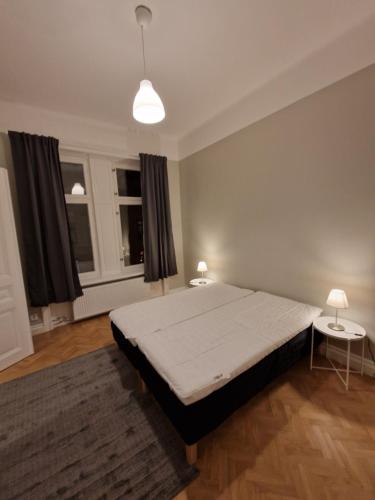 1 dormitorio con 1 cama grande y 2 ventanas en Home Inn BRG15 en Estocolmo