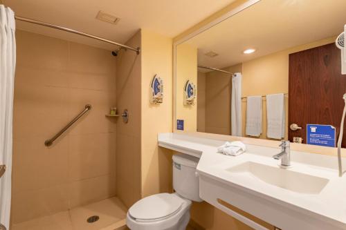 y baño con aseo, lavabo y ducha. en City Express by Marriott Playa del Carmen, en Playa del Carmen