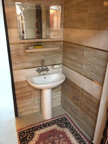 a bathroom with a sink and a mirror at Zagazig in Manshīyat as Sādāt