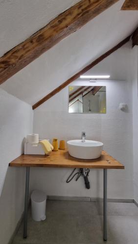 a bathroom with a sink and a mirror on a counter at Apartments Žnidar in Bohinj