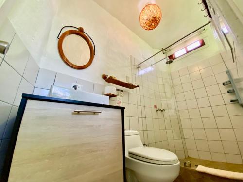 ein Bad mit einem WC und einem Spiegel in der Unterkunft Hotel Miconia in Puerto Baquerizo Moreno