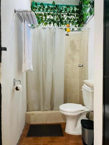 uma casa de banho com um chuveiro e um WC. em Villas Cairo em Guatemala