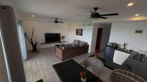 a living room with a couch and a tv at Tablas Seaview Residencial in Ferrol