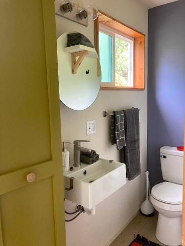 a bathroom with a sink and a toilet at Seaside House and Aloha Bungalow in Pahoa