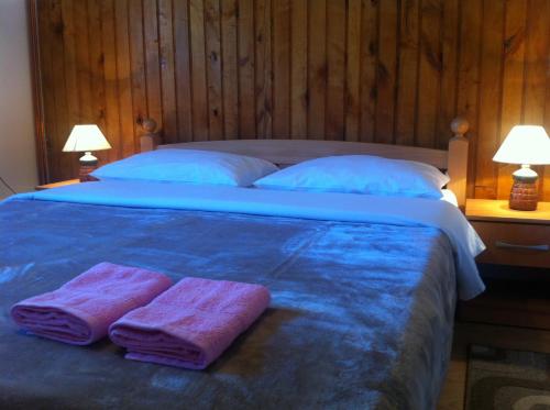 a bedroom with a bed with two towels on it at House Pribić in Vrelo Koreničko
