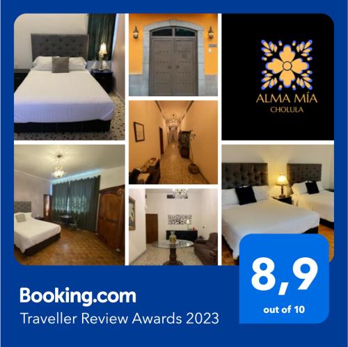 a collage of four pictures of a hotel room at Alma mía - Hospedaje Cholula in Cholula