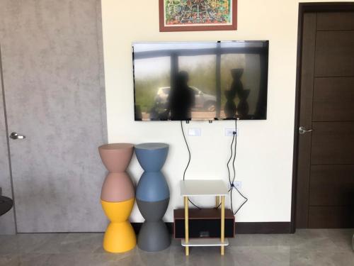 Shan-shui-liにあるNice Sleep Homestayのテレビ付きの部屋の花瓶