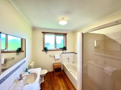 a bathroom with a toilet and a tub and a sink at The Hazards Beach Escape in Coles Bay