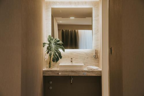 uma casa de banho com um lavatório e um espelho em Howard Johnson Plaza La Ribera em Resistência