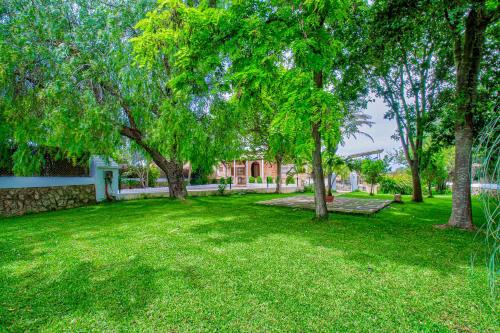 a park with trees and a bench in the grass at Finca Can Tiro in Costitx